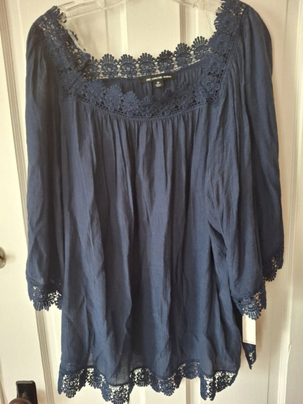 Zac & Rachel Woman Navy Blue Crochet Lace Trim Blouse 2X Boho Peasant Top